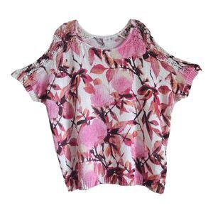 CHICO'S 3 Women XL 16 Sweater Spring Leaves Pink Brown Crochet Short Sleeve 54"